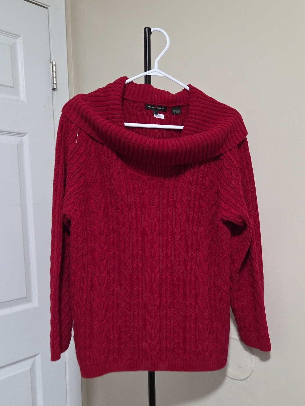 JEANNE PIERRE 100% Cotton Red Cable-Knit Cowl Neck Sweater